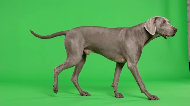 Weimaraner dog with distinctive gray coat and floppy ears walking on green screen background