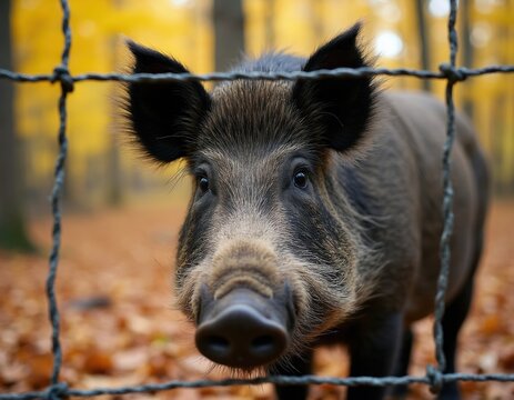 Wild boar looks through wire fence in autumn woods. Animal stands on ground covered in fallen leaves, with yellow trees in background. It is in enclosure.