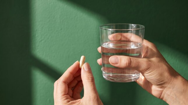 Hand holding water glass with capsule