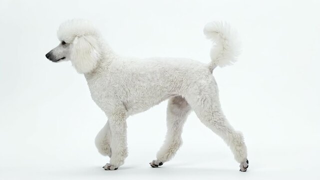 White poodle dog with curly fur standing on white background in profile view