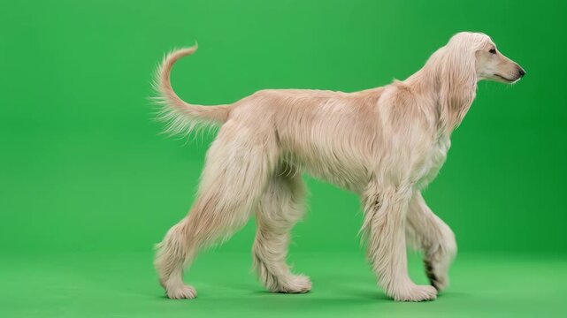 Afghan hound dog with long tan fur walks on green screen background studio setting