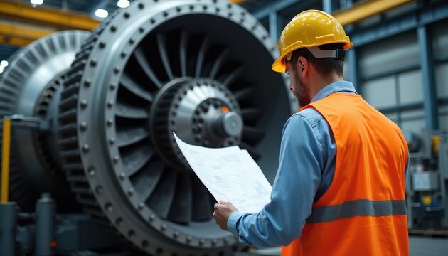 Man in hard hat, vest studies blueprints next to giant industrial turbine machine. Engineer checks large scale mechanical equipment inside factory power plant. Precision work on heavy metal