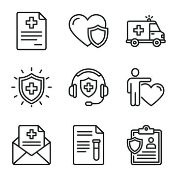 Medical health insurance and emergency services outline icon set with insurance ambulance document