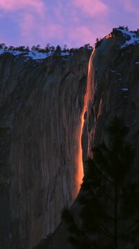 Vertical Screen: Yosemite National Park Firefall phenomenon as sunset light illuminates Horsetail Fall creating a glowing orange lava-like cascade down El Capitan granite cliff face