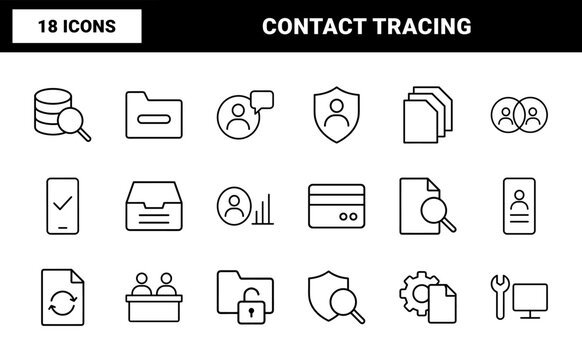 Contact tracing workflow line icon set. Vector pictograms of medical, data, management, and tracking elements, thin linear illustration.