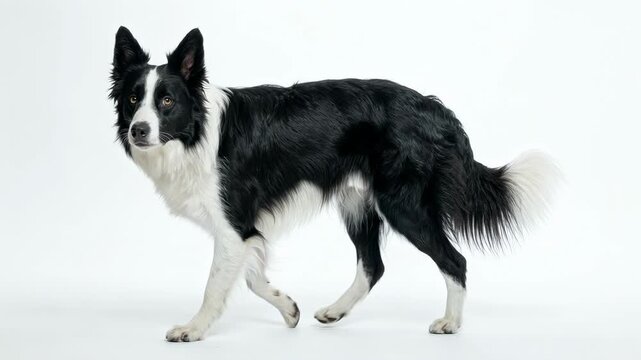 Border collie dog with black and white fur standing on white background in profile