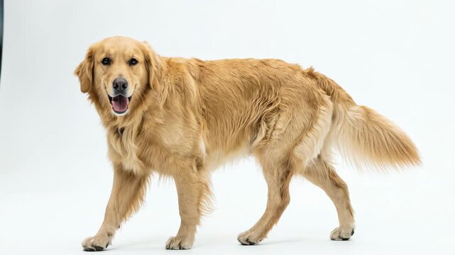 Golden retriever dog with long fur walking on white background in studio setting