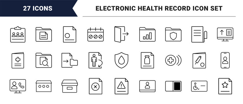 Clinical documentation line icon set. Vector pictograms of patient intake, medical records, healthcare workflow, and hospital administration elements, thin linear illustration.