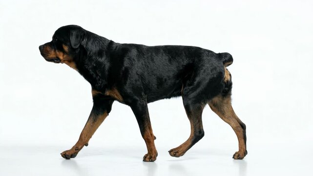 Large rottweiler dog with brown markings walking on white background in studio setting