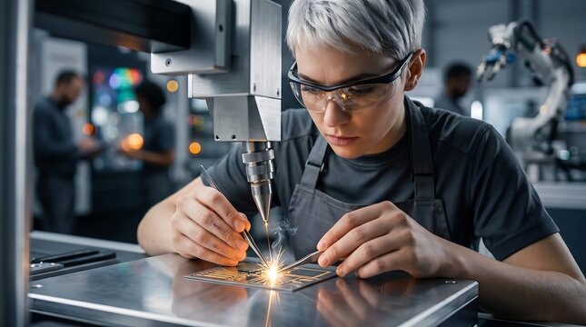 Female engineer working with laser microelectronics in smart factory