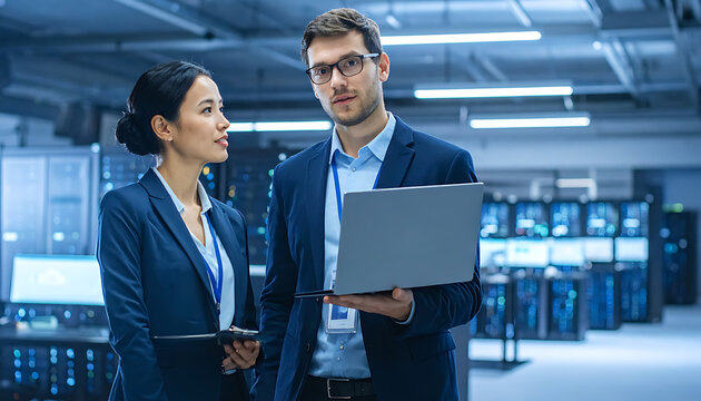 Two IT professionals, a man and woman, discussing data center operations with a laptop, servers and screens in background, teamwork and technology