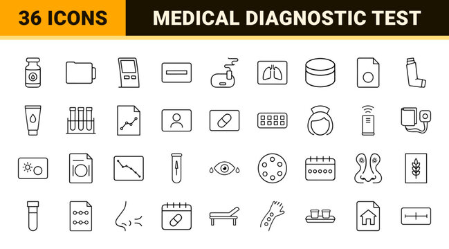 Allergy clinic visit line icon set. Vector pictograms of medical screening, diagnostic testing, patient intake, and immunotherapy elements, thin linear illustration.