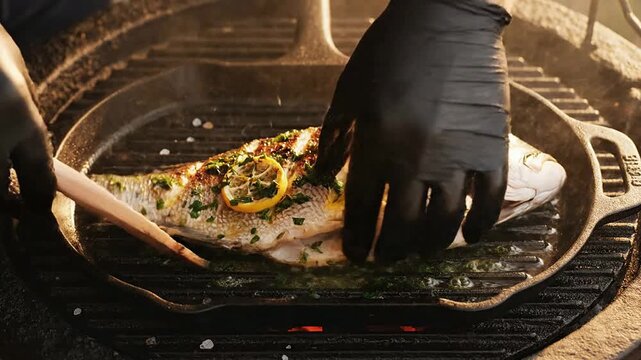 Skilled Chef Grilling Whole Fish With Fresh Herbs And Lemon Slices On A Barbecue Grill In Close-Up, Evoking Outdoor Culinary Expertise