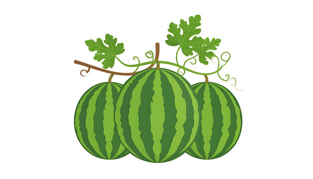 Three ripe watermelons with green striped rind and leaves on a branch, pixel art style, summer fruit harvest