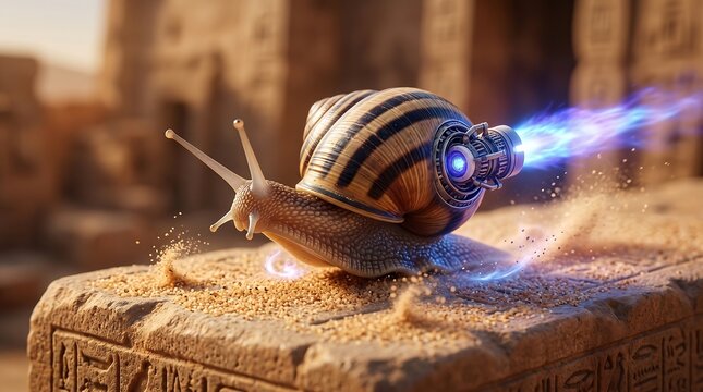 Futuristic snail with jet engine booster rushing fast on stone