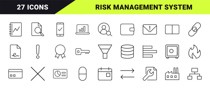 Incident learning system line icon set. Vector pictograms of risk management, safety compliance, quality assurance, and corrective action elements, thin linear illustration.