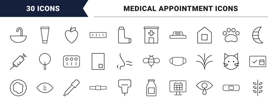 Allergy testing line icon set. Vector pictograms of clinical diagnostics, appointment scheduling, allergen panels, and medical consultation elements, thin linear illustration.