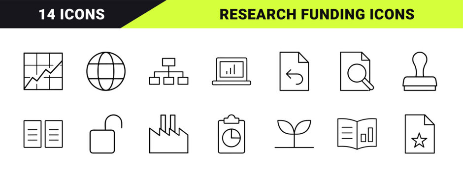 Research grant application line icon set. Vector pictograms of proposal, funding, academic, and administration elements, thin linear illustration.