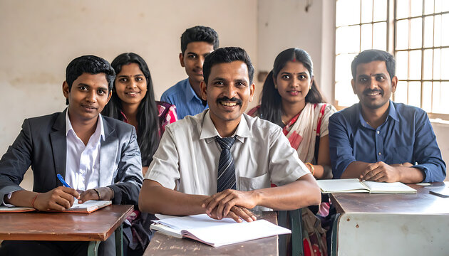 Diverse group of students and teacher smiling in classroom, education concept
