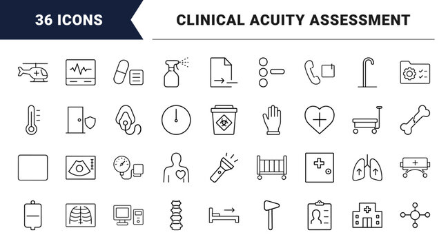 Emergency department triage line icon set. Vector pictograms of medical screening, patient acuity assessment, hospital admission, and clinical workflow elements, thin linear illustration.