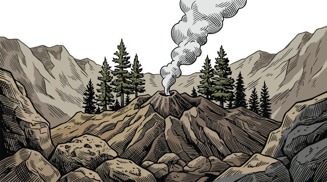 Vector mountain landscape with rocky valley pines and mist.