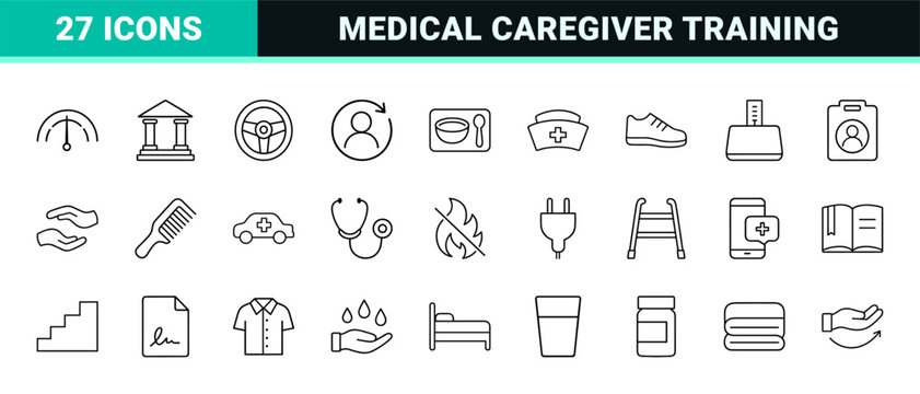 Home health aide training line icon set. Vector pictograms of medical care, patient assistance, healthcare education, and nursing skill elements, thin linear illustration.