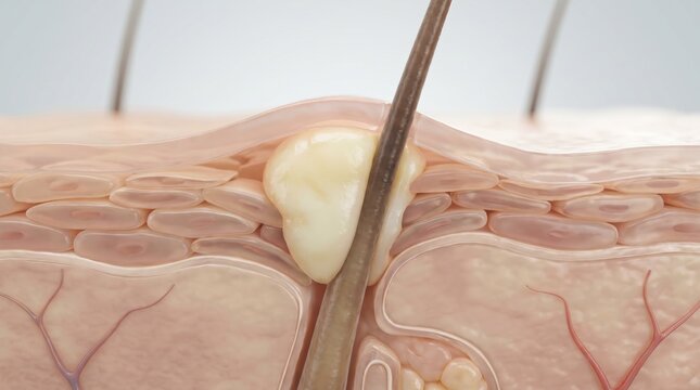 A 3D medical cross-section showing a clogged hair follicle forming a pimple within human skin layers.