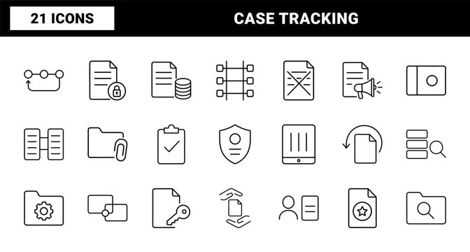 Case authorization tracking line icon set. Vector pictograms of medical compliance, utilization review, insurance clearance, and healthcare administration elements, thin linear illustration.