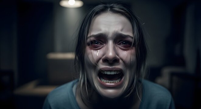 Terrified crying woman screaming in distress dramatic dark portrait