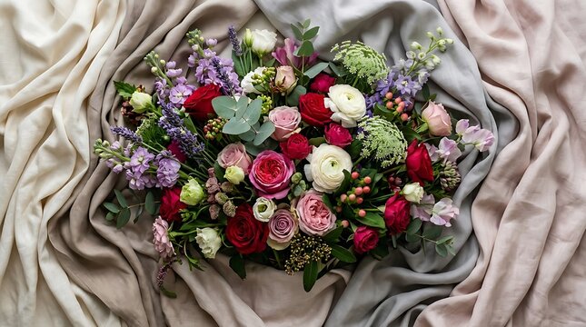 Elegant Floral Bouquet with Roses and Ranunculus on Soft Draped Fabric
