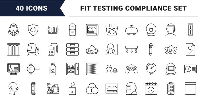 Respiratory protection program line icon set. Vector pictograms of industrial safety, respirator mask, occupational health, and fit testing elements, thin linear illustration.