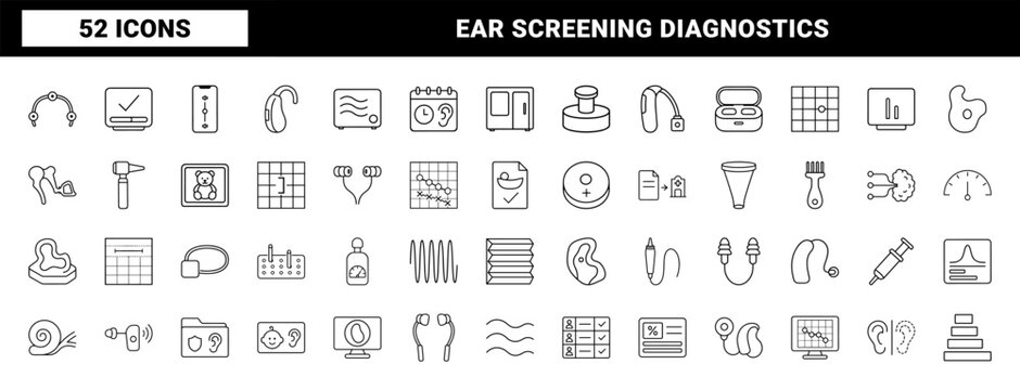 Hearing screening line icon set. Vector pictograms of audiology, ear testing, hearing aid, and clinical diagnostics elements, thin linear illustration.