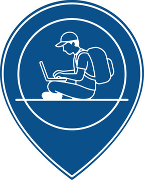 Icon of a person with a backpack working on a laptop computer
