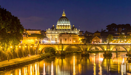 Fototapeta premium Saint Peter's Basilica illuminated at night with Ponte Sant'Angelo and the Tiber River in Rome, Italy, travel, landmark