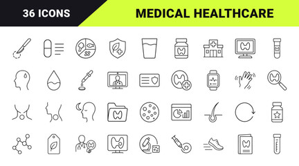 Obraz na płótnie Canvas Thyroid health monitoring line icon set. Vector pictograms of endocrinology diagnostic, hormone screening, patient care, and medical treatment elements, thin linear illustration.
