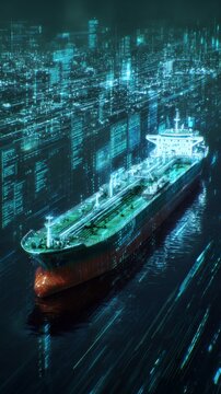 Pioneering environmental innovation in liquefied gas carriers. Futuristic data. Vast fuel transport: advanced gas carrier with environmental focus. Business intelligence. Tech visualization.