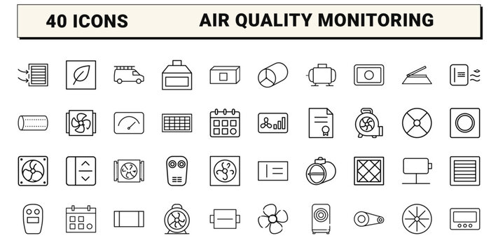 Ventilation safety check line icon set. Vector pictograms of hvac inspection, air quality, duct maintenance, and safety monitoring elements, thin linear illustration.