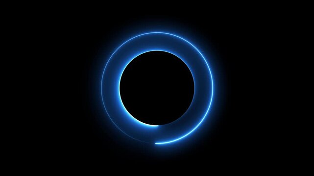 A bright blue neon ring with a glowing outline and a dark center against a solid black background creating an abstract circular shape with a futuristic or technological feel