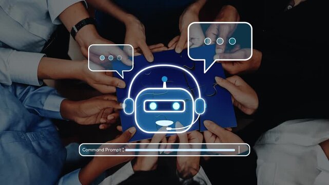 A vibrant image showcasing diverse hands engaging with a digital chatbot interface, symbolizing modern communication, teamwork, and technological innovation in a collaborative setting. Raster
