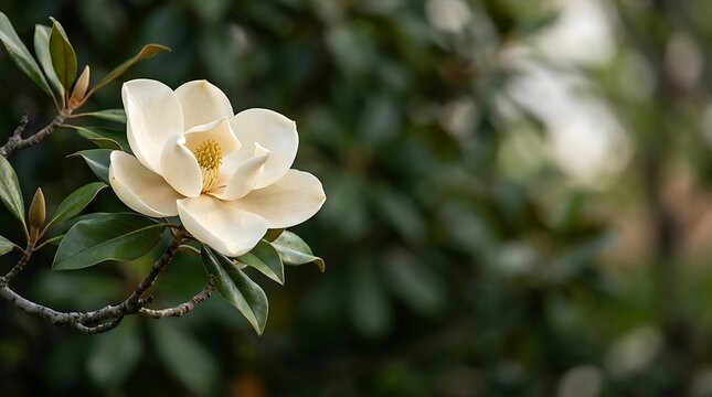 Beautiful Southern Magnolia grandiflora flower blooming in the garden with copy space