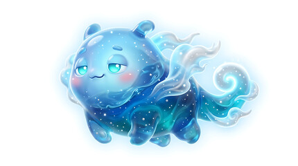 A cute blue creature with glowing eyes and swirly smoke tail stands on a night sky background with stars. © Nur