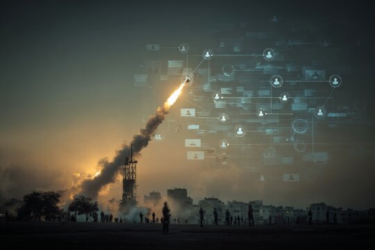 Symbol of strength: missile launch at sunset in iranian sky. Internet friends network. Illustration of military might: iranian missile launch at a breathtaking sunset.