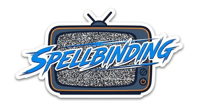 Retro Television with Spellbinding Text: An old-fashioned television set displays static, with the word Spellbinding boldly superimposed across the screen.