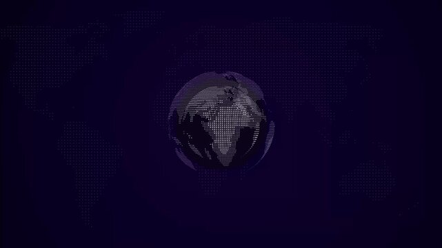 A detailed 3D rendering of a stylized globe made of small white dots and lines, appearing to be constructed from digital data, set against a dark blue background with a faint map pattern