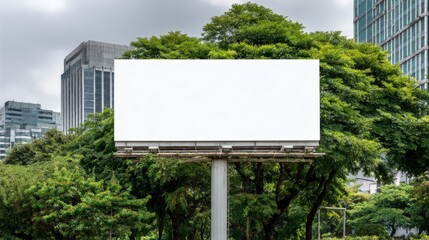 Fototapeta premium Blank Billboard Sign in Urban Park Setting with Modern Buildings and Lush Greenery