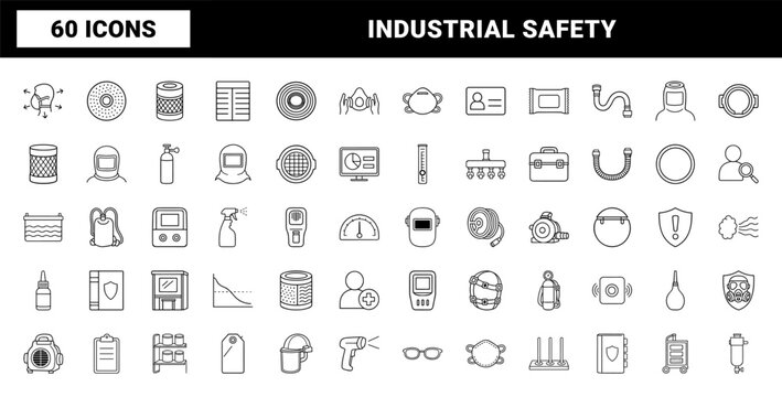 Respiratory protection program line icon set. Vector pictograms of safety mask, breathing apparatus, compliance testing, and industrial hygiene elements, thin linear illustration.