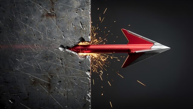 Red arrow with a metallic tip forcefully piercing through a dark, heavily scratched and textured metal plate, creating a burst of bright orange and yellow sparks upon impact.