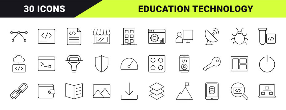 Coding education program line icon set. Vector pictograms of programming, web development, software engineering, and digital learning elements, thin linear illustration.