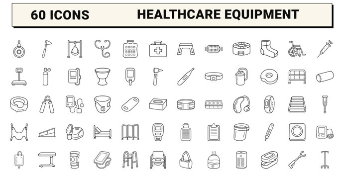 Home health equipment line icon set. Vector pictograms of medical, mobility, patient care, and monitoring elements, thin linear illustration.