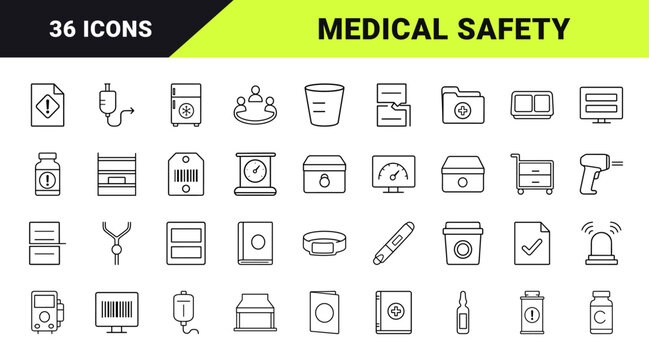 High alert medication safety line icon set. Vector pictograms of clinical pharmacy, patient safety, drug administration, and medical protocol elements, thin linear illustration.